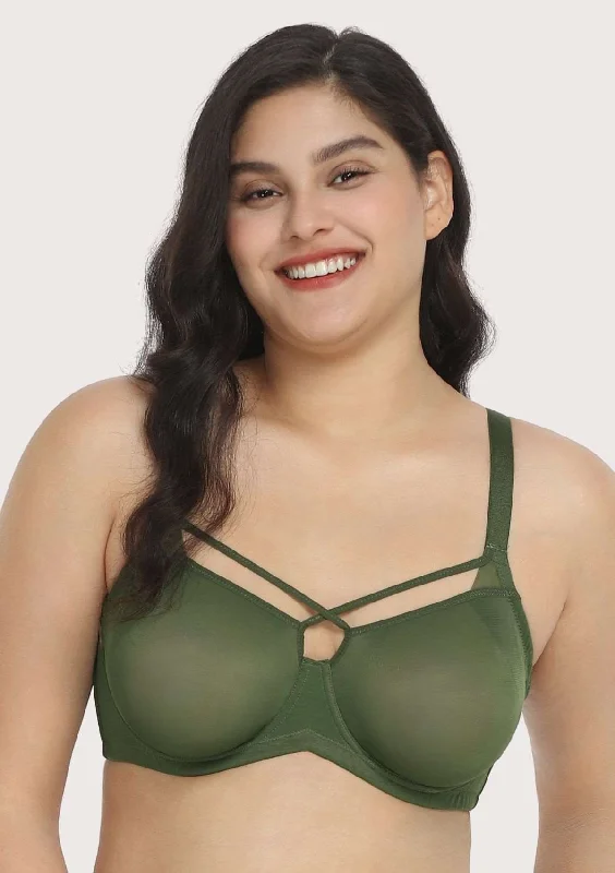 Billie Cross Front Strap Dark Green Smooth Sheer Mesh Underwire Bra Set