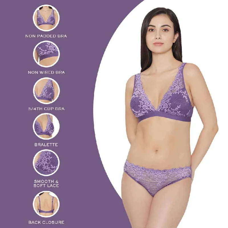 Embrace Lace Non Padded Non Wired 3/4th Cup Bridal Wear Medium coverage Lace Bralette - Purple