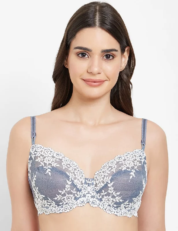 Embrace Lace Non Padded Wired 3/4th Cup Bridal Wear Medium coverage Fashion Bra - Blue