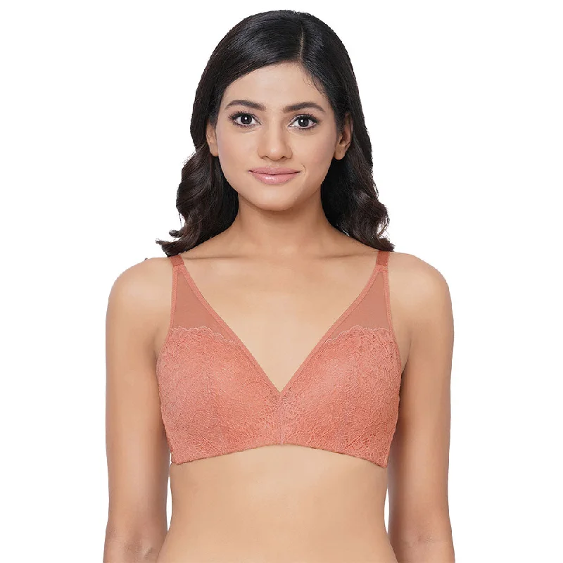 Emma Lace Padded Non-wired 3/4th Cup Bridal Wear Medium coverage Lace Push Up Bra - Orange