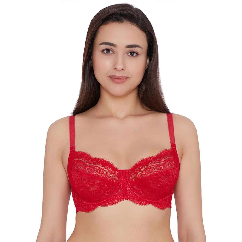 Essential Lace Non Padded Wired Full Cup Bridal Wear Lace Bra Full Support Bra - Red