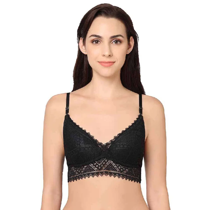 Gaia Collection Padded Non-Wired 3/4th Coverage Lacy Bralette Bra - Black