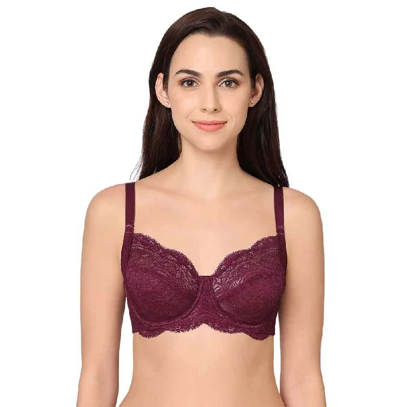 Essential Lace Non Padded Wired Full Cup Bridal Wear Lace Bra Full Support Bra - Purple