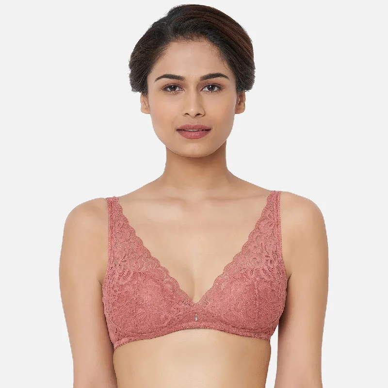 Mystique Padded Non Wired 3/4Th Cup Lace Plunge Bra- Beige