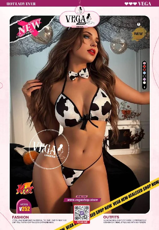 Cow Print Triangle Cup Bra And Side Tie Thong Panties Lingerie