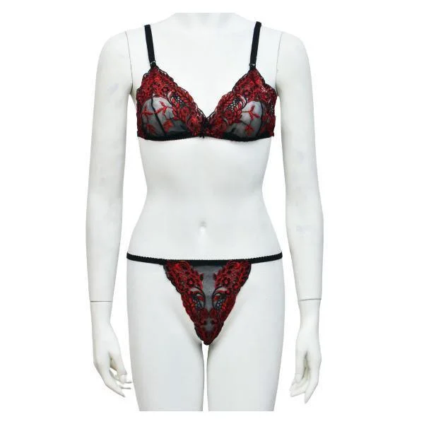 Women Bra Panty Set Non Padded Embroided Bra Set See Through Embroidered Bra Thong Set