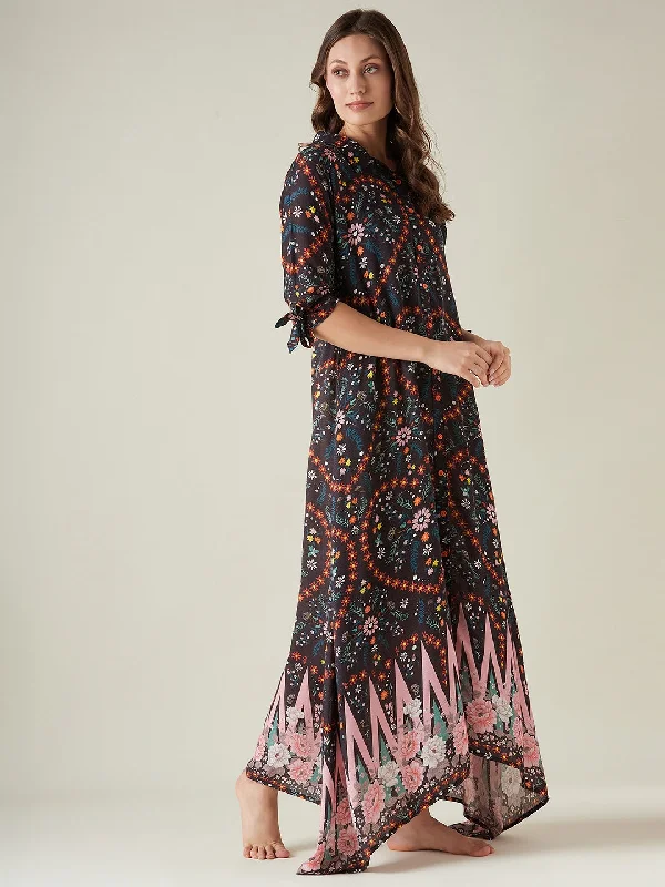 Black Floral Button Down Lounge dress