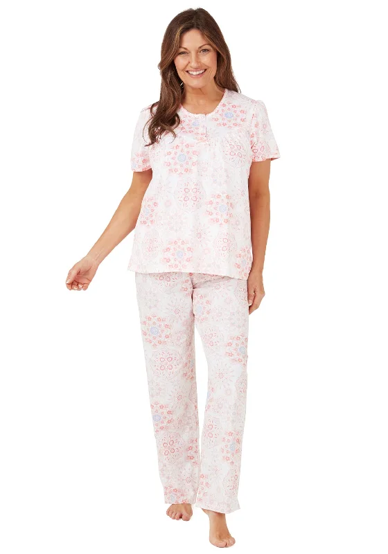 Marlon Pastel Tiles Cotton Short Sleeve Pyjama Set, Pink