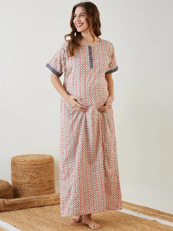 Off-White and Red Geometrical print Maternity Nightdress