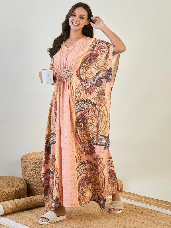 Peach Kaftan with Smocked Waistline