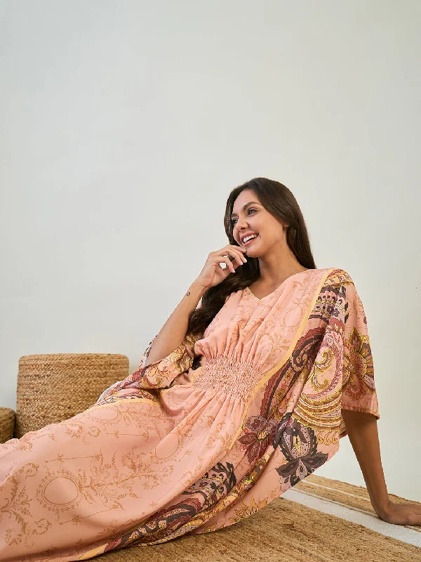 Peach Kaftan with Smocked Waistline