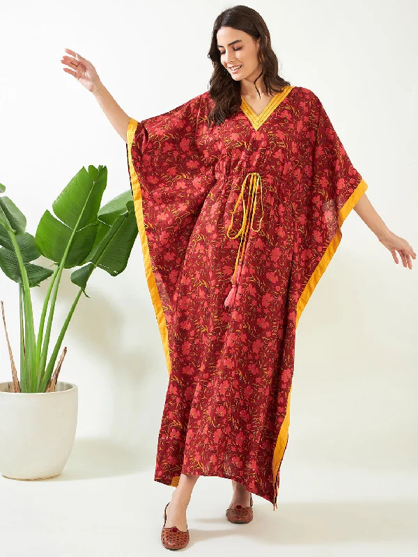 Red Floral Bloom Handblock Cotton Kaftan