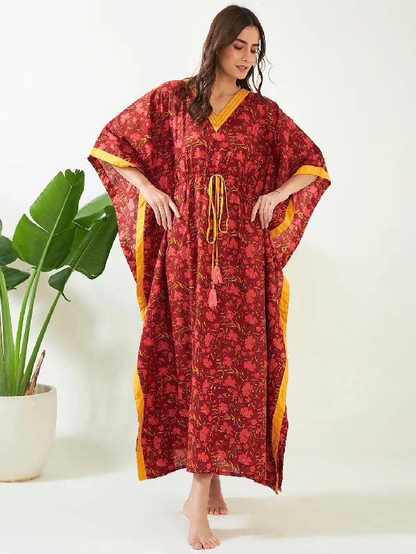 Red Floral Bloom Handblock Cotton Kaftan