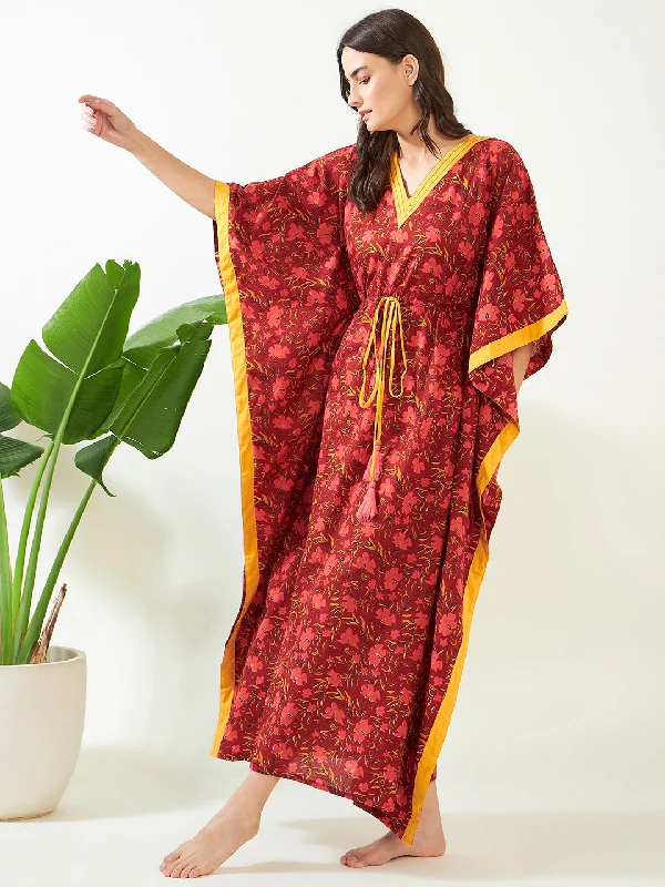 Red Floral Bloom Handblock Cotton Kaftan