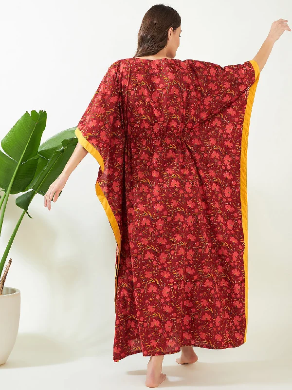 Red Floral Bloom Handblock Cotton Kaftan