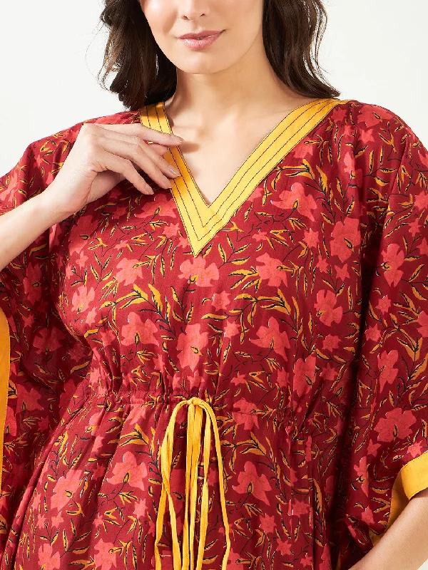 Red Floral Bloom Handblock Cotton Kaftan