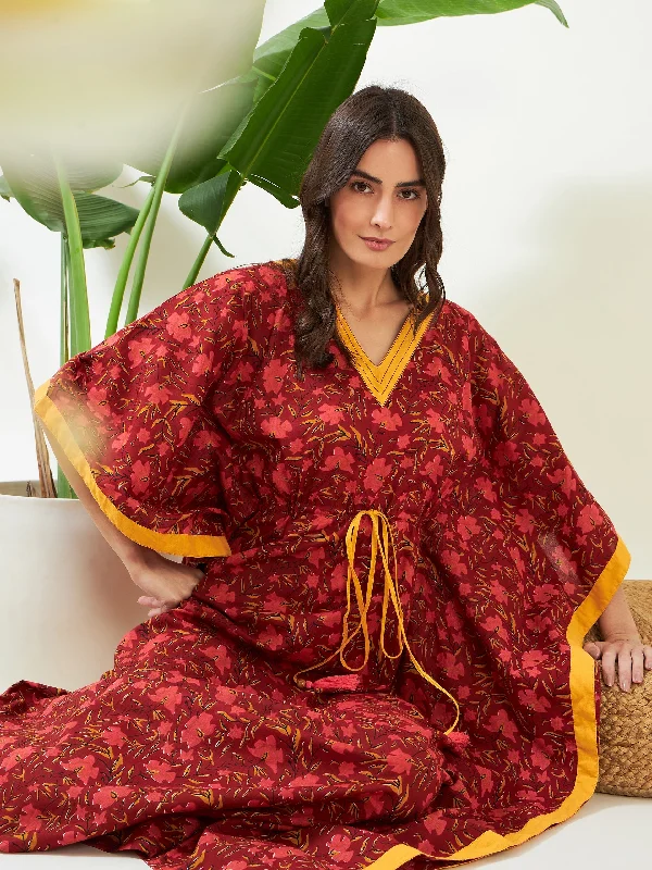 Red Floral Bloom Handblock Cotton Kaftan