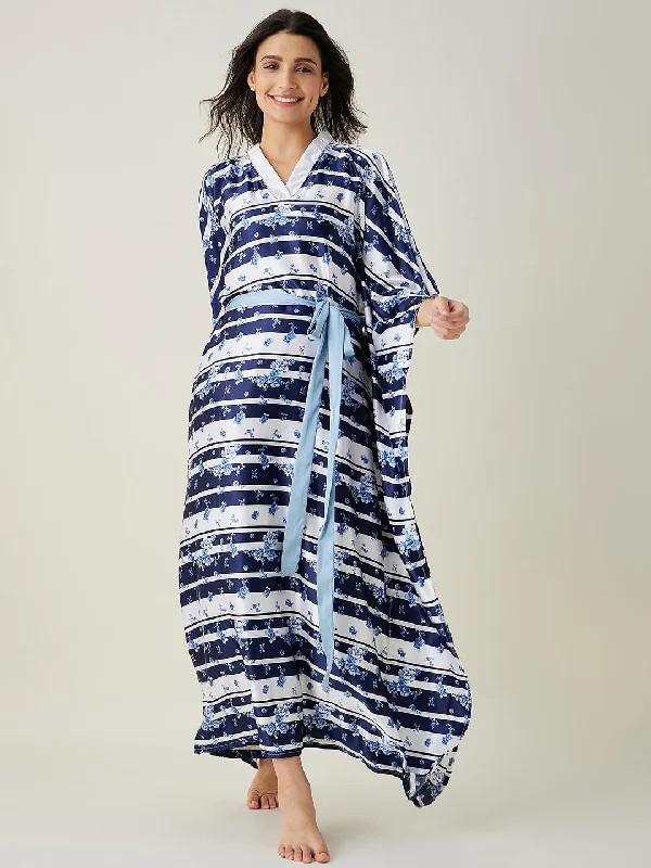 White and Blue Ditsy Floral Loungewear Kaftan