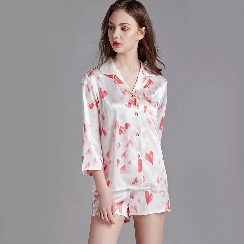 Heart Printed Satin Silk White Pajama Set TZ1755