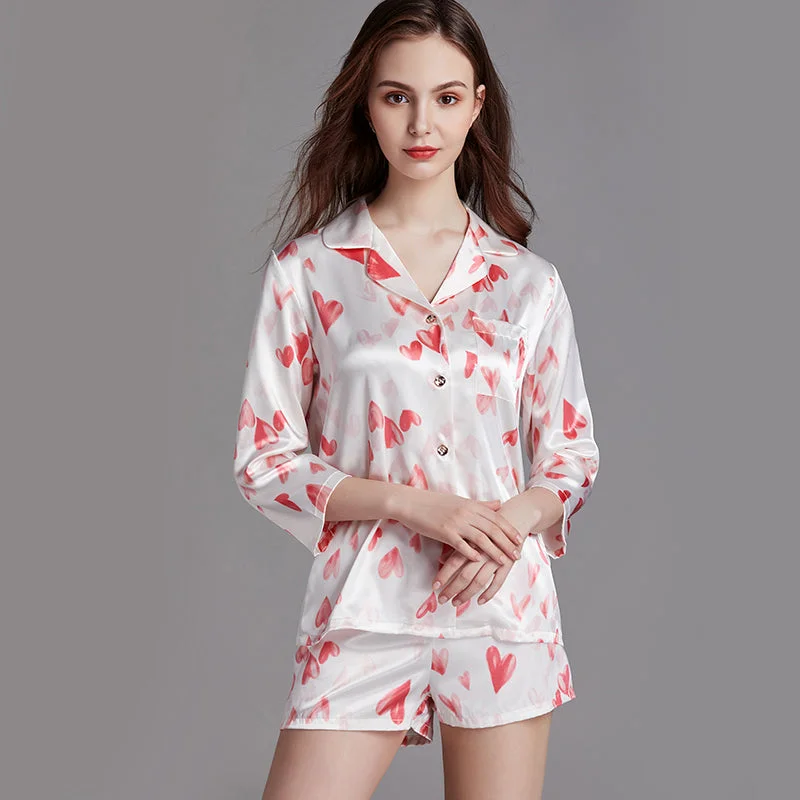 Heart Printed Satin Silk White Pajama Set TZ1755