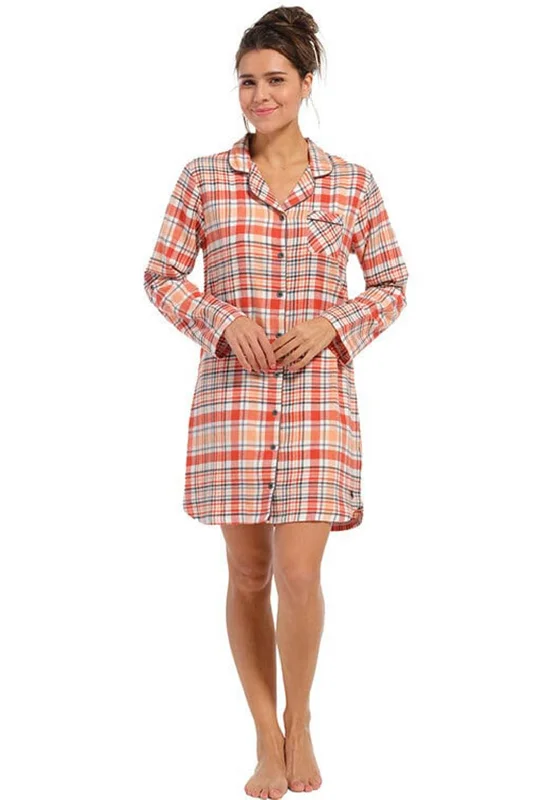 Rebelle Woven Flannel Long Sleeve Nightdress, Dark Salmon