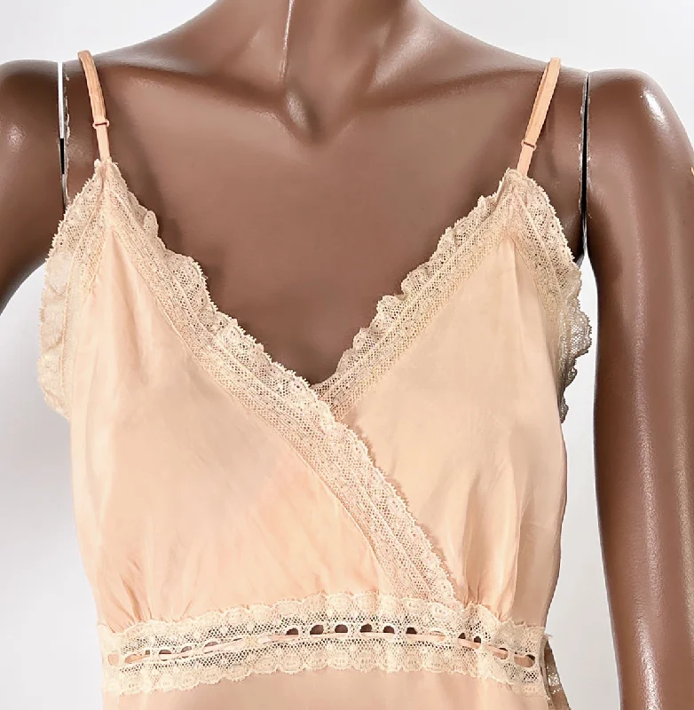 40s Vintage Full Slip Lace Trim Women's Medium Peach Rayon VFG