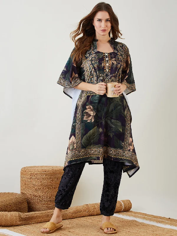 Black Vintage Floral Velvet Kaftan Pajama Set