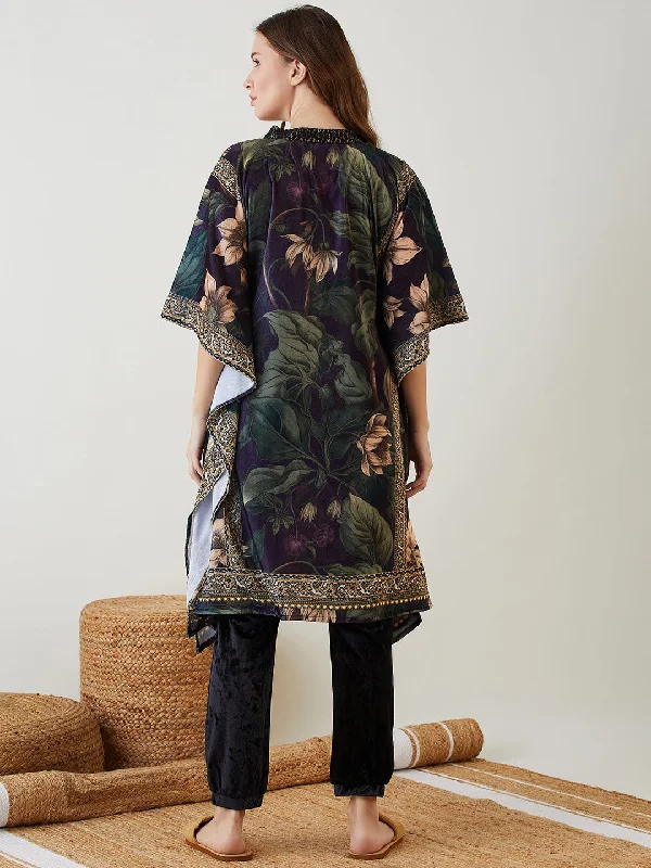 Black Vintage Floral Velvet Kaftan Pajama Set