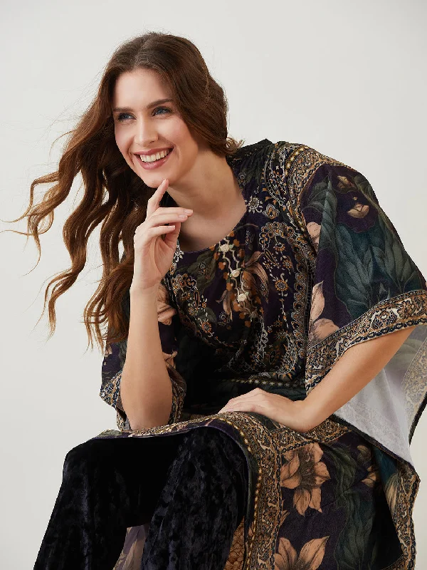 Black Vintage Floral Velvet Kaftan Pajama Set