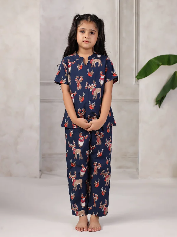 Blue Printed Cotton Night Suit for Kids