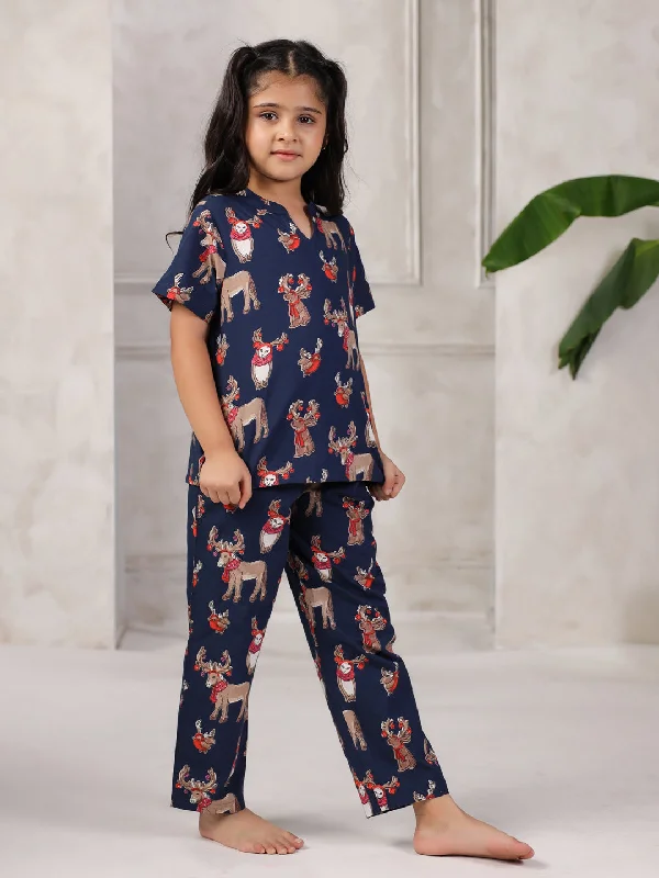 Blue Printed Cotton Night Suit for Kids