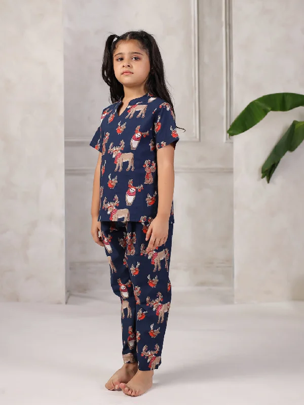 Blue Printed Cotton Night Suit for Kids