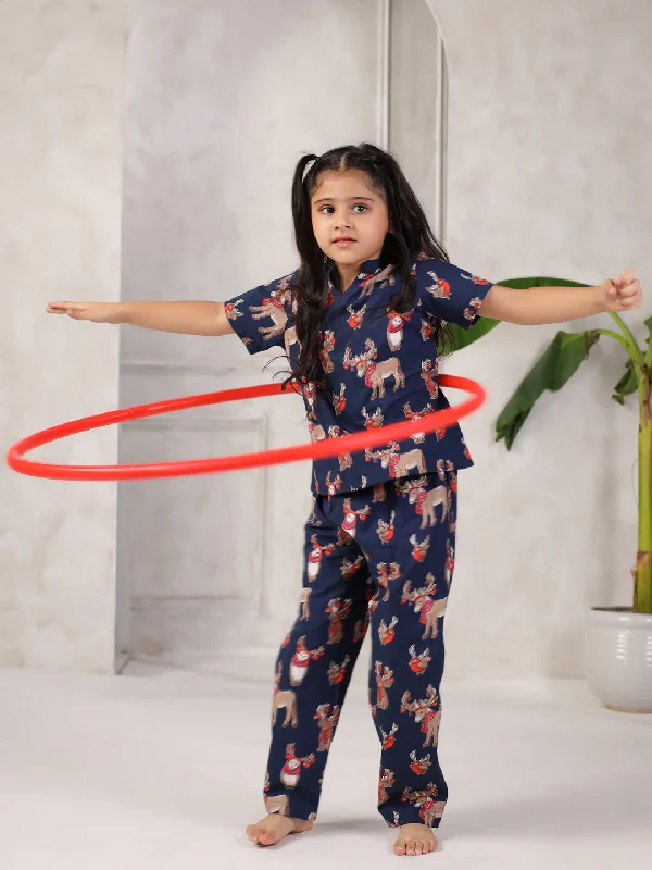 Blue Printed Cotton Night Suit for Kids