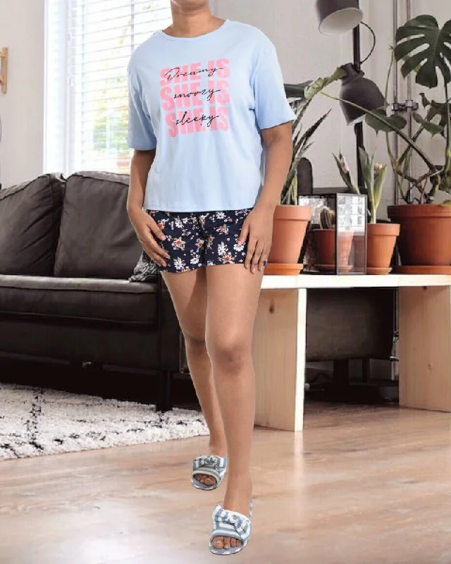 Blue Printed Shorty Pj Set