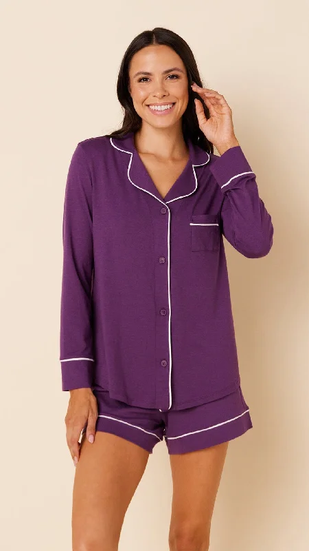 Classic Pima Knit Long-Sleeved Short Set - Aubergine