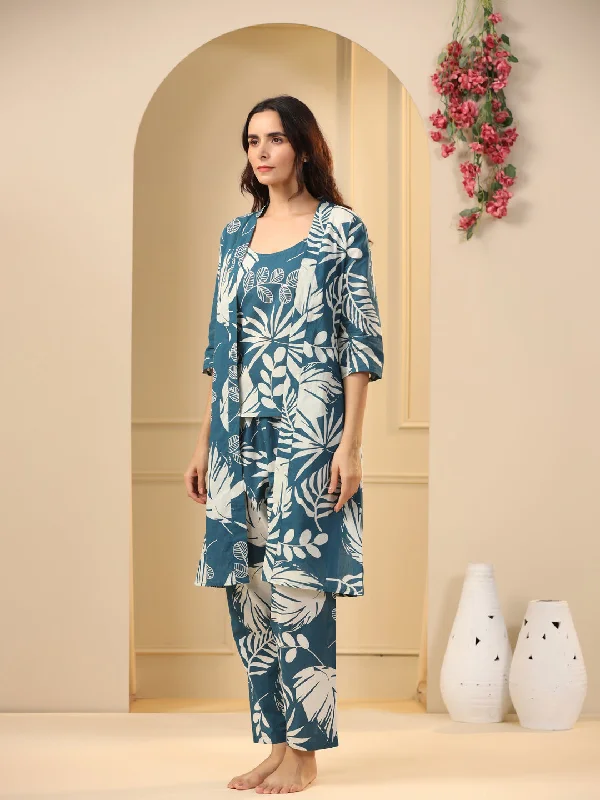 Teal Cotton Printed 3 PEICE  Night Suit Set with Pyjama