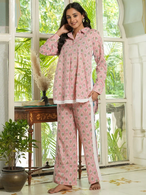 Pink Floral  loose fit Printed cotton Night Suit Set