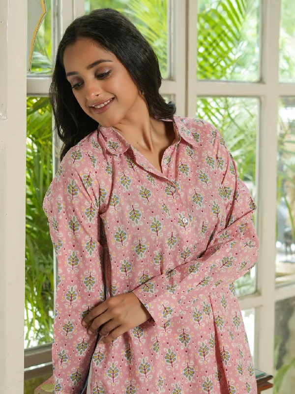 Pink Floral  loose fit Printed cotton Night Suit Set