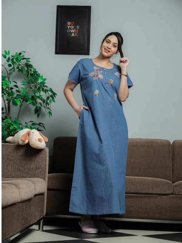 Premium Denim Designer Nighty Flower Embroidery Sky Blue