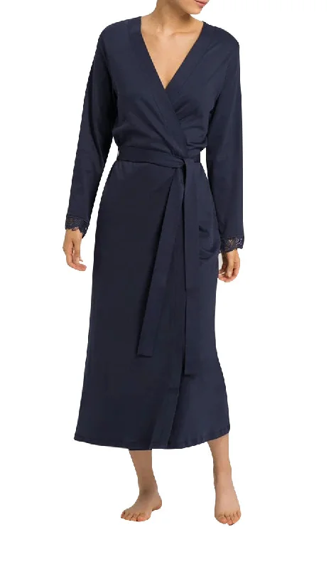 Hanro 100% Cotton Robe with Long Sleeve in Navy Felice 7983 SALE