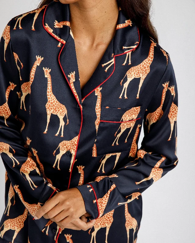 Satin Giraffe Print Long Pyjama Set - Navy