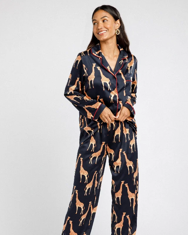 Satin Giraffe Print Long Pyjama Set - Navy