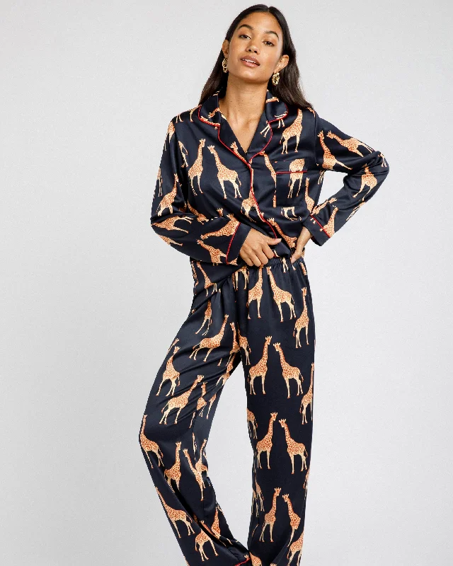 Satin Giraffe Print Long Pyjama Set - Navy