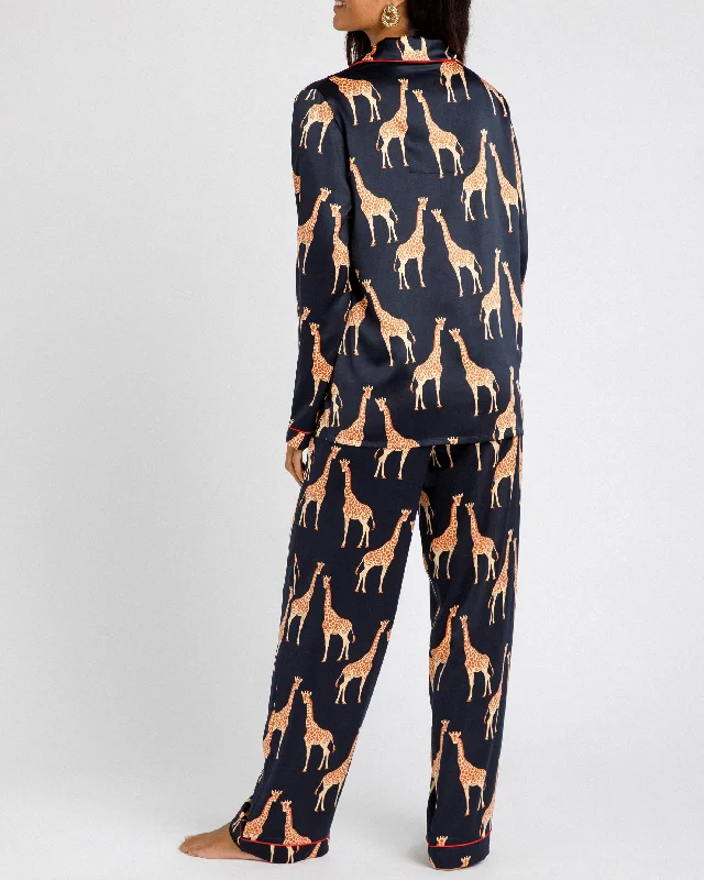 Satin Giraffe Print Long Pyjama Set - Navy