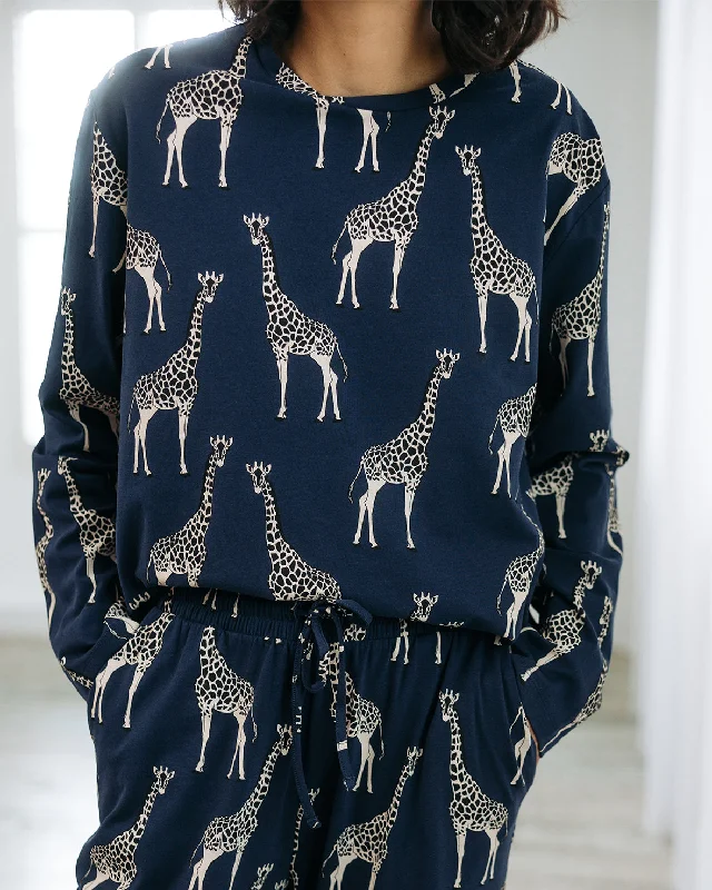 Organic Cotton Giraffe Print Long Pyjama Set - Navy