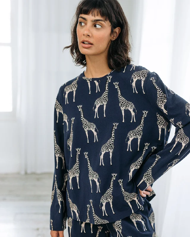 Organic Cotton Giraffe Print Long Pyjama Set - Navy