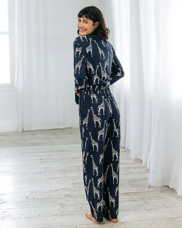 Organic Cotton Giraffe Print Long Pyjama Set - Navy