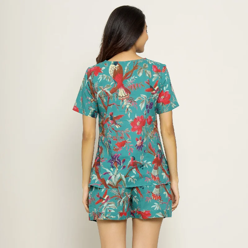 Teal Cotton Printed Night Suit Set with Shorts