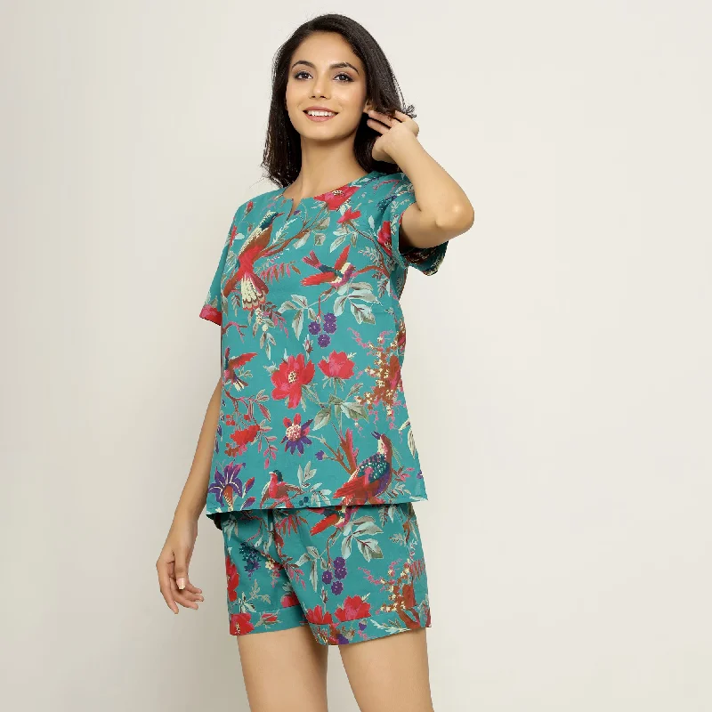 Teal Cotton Printed Night Suit Set with Shorts