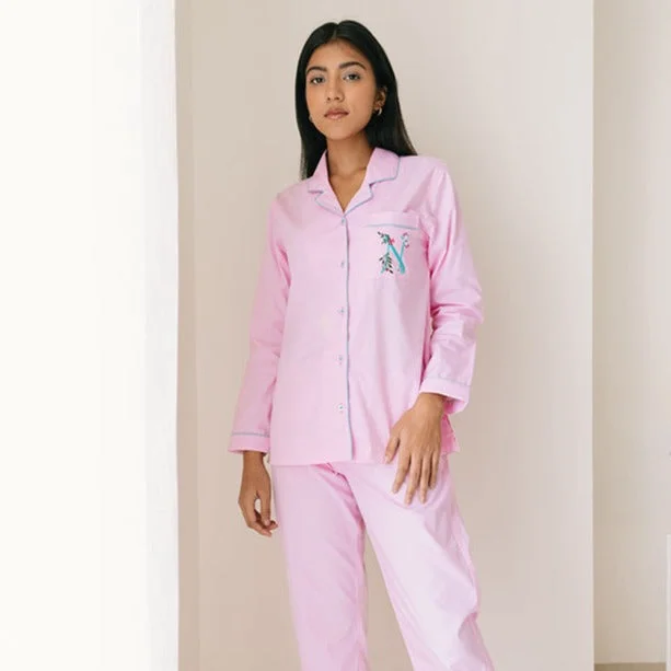 Rose Calligraph Embroidered Women Cotton Notched Pyjama Set